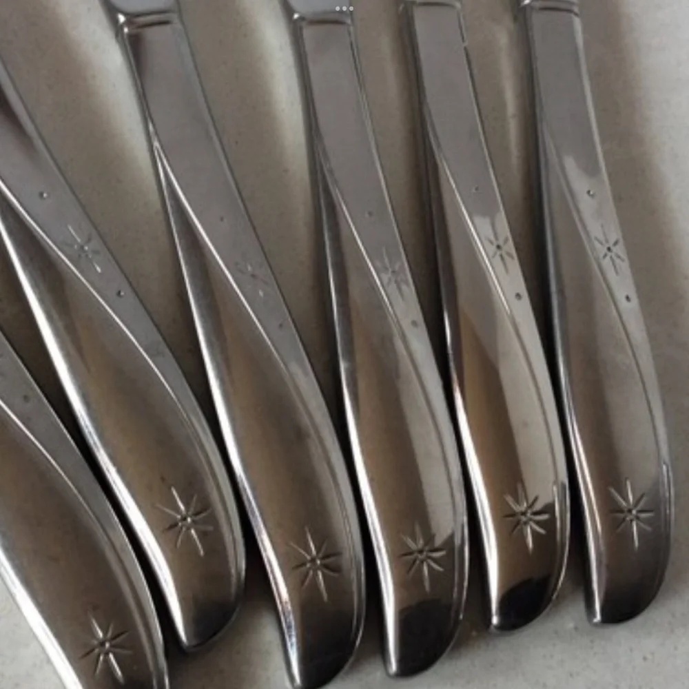 Set of 6 Vintage Oneida Twin Star Atomic Starburst Knives Knife Flatware MCM